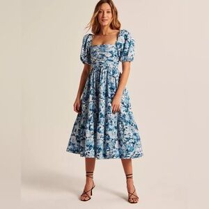 Abercrombie & Fitch Ruched Puff Sleeve Poplin Midi Dress. Blue & white. Size XS.